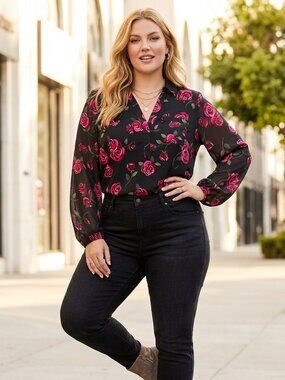 Torrid Harper Top 2 Tunic Blouse Pink Black Floral Roses Long Sleeve Button Up
